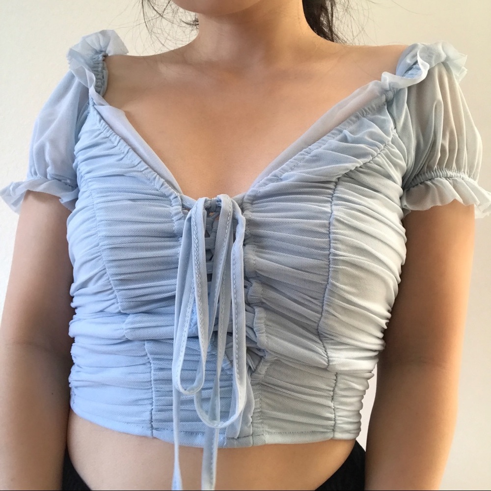 Sky Blue Ruched Lace up Crop Top